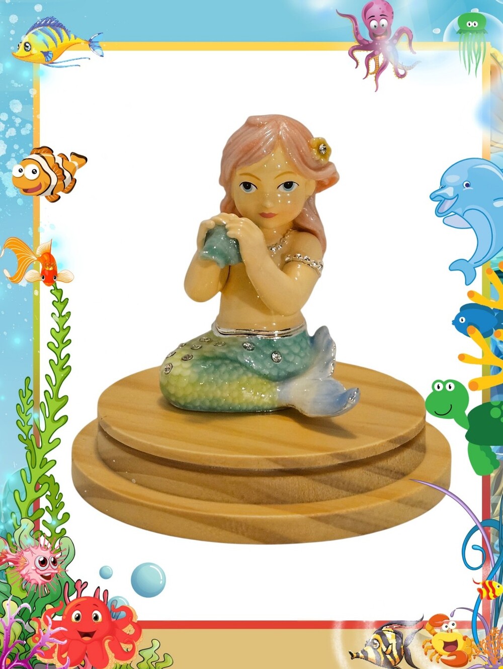 Bejeweled Young Mermaid Holding A Shell Trinket Box
